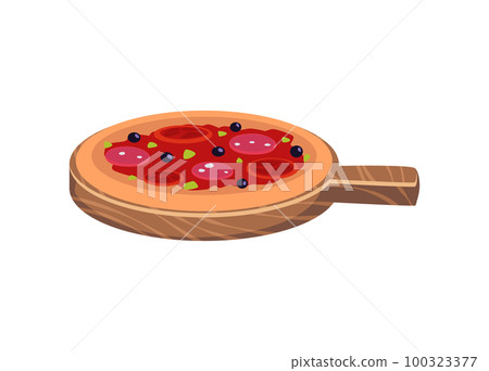 Tasty pizza with olives, tomatoes and salami on wooden plate flat style Tasty pizza with olives, tomatoes and salami on wooden plate flat style 100323377