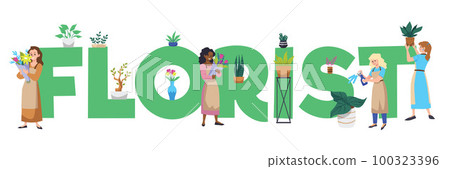 Huge florist word and tiny people characters flat style, vector illustration Huge florist word and tiny people characters flat style, vector illustration 100323396