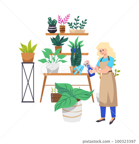 Smiling florist woman caring for plants flat style, vector illustration Smiling florist woman caring for plants flat style, vector illustration 100323397