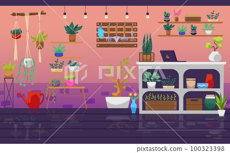 Flower shop interior, houseplants store - flat vector illustration. 100323398