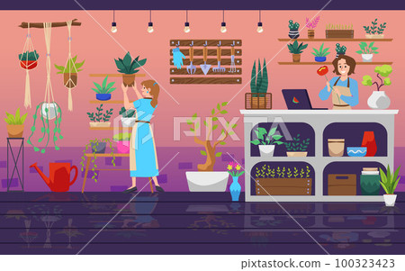 Smiling women florist and assistant working at flower shop flat style 100323423