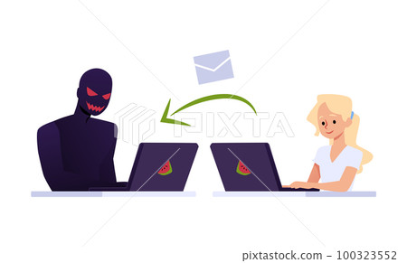Girl sending personal information to anonymous stranger, flat vector illustration isolated on white background. Girl sending personal information to anonymous stranger, flat vector illustration isolated on white background. 100323552
