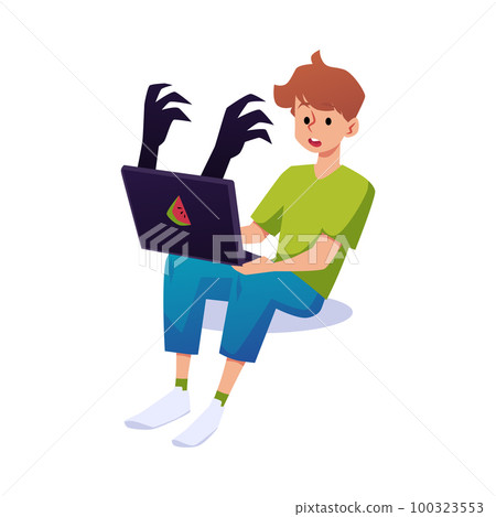 Frightened boy holds laptop with angry hands sticking out of screen, flat vector illustration isolated on white. Frightened boy holds laptop with angry hands sticking out of screen, flat vector illustration isolated on white. 100323553