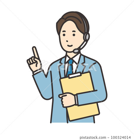 Illustration of a male operator holding a document and pointing Illustration of a male operator holding a document and pointing 100324014