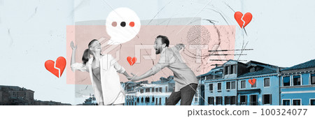 Contemporary art collage. Creative design. Breakup. Man holding female hand, returning back his girlfriend. 100324077