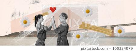 Contemporary art collage. Creative design. Beautiful middle-aged woman, mother with young girl, daughter over pastel background 100324079