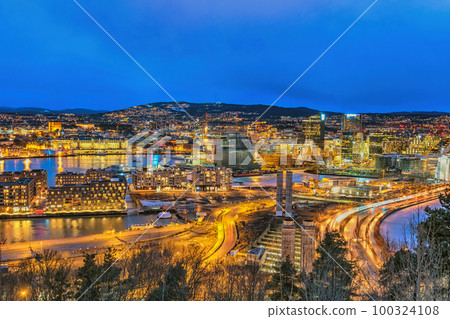 Oslo Norway, night city skyline at business district and Barcode Project Oslo Norway, night city skyline at business district and Barcode Project 100324108