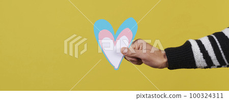 holding a blue, pink and white heart, banner 100324311