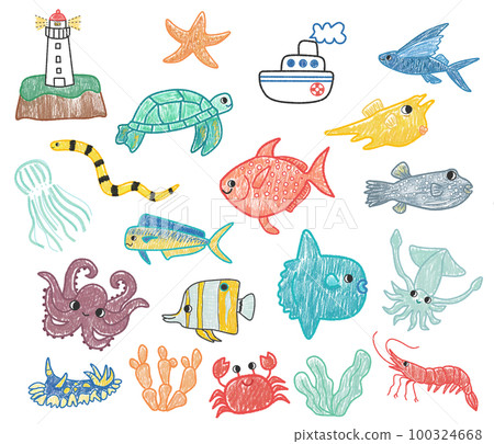 塗鴉風格可愛的海洋生物集 塗鴉風格可愛的海洋生物集 100324668