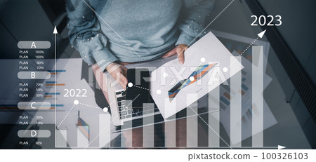 Changes in new planning, Woman hold smartphone with chat arrow 2023, online business market investment chart, Start new year concept digital trends, industry and business trend, strategy, investment 100326103