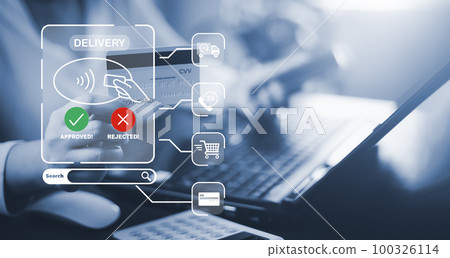 Smartphone with Online payment ,Hand touch banking online bill payment Approved concept button, credit card and network connection icon on business technology virtual screen background Smartphone with Online payment ,Hand touch banking online bill payment Approved concept button, credit card and network connection icon on business technology virtual screen background 100326114