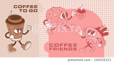 Monochrome Retro Cartoon posters set for coffee shop with mascot coffee cups and donuts in wintage 50s 60s aesthetic style. Marketing banner material. Contour vector illustration. Monochrome Retro Cartoon posters set for coffee shop with mascot coffee cups and donuts in wintage 50s 60s aesthetic style. Marketing banner material. Contour vector illustration. 100326121