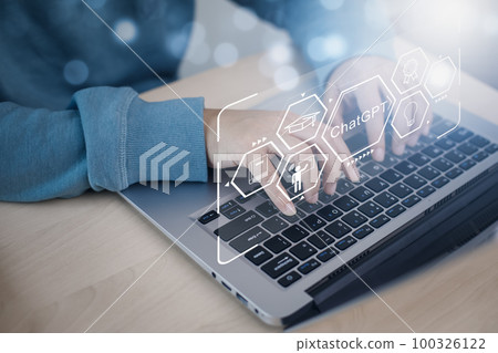 Man using Laptop or Smartphone With ChatGPT Chat with AI, Artificial Intelligence,System Artificial intelligence an artificial intelligence chatbot, Digital chatbot,robot application, conversation 100326122
