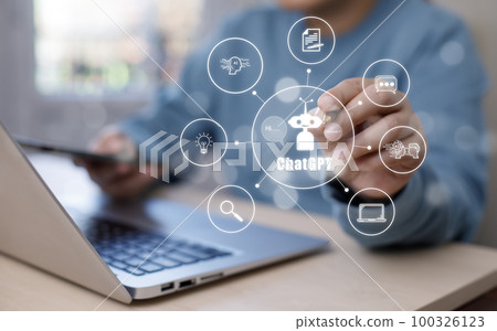Hand using Laptop or Smartphone With Chat gpt Chat with AI, Artificial Intelligence,System Artificial intelligence an artificial intelligence chatbot, Digital chatbot,robot application, conversation 100326123