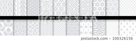 Geometric floral set of seamless patterns. White and gray vector backgrounds. Damask graphic ornaments 100326156