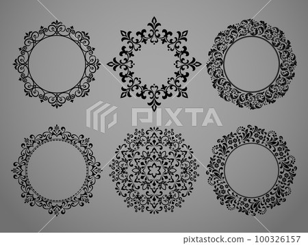 Set of decorative frames Elegant vector element for design in Eastern style, place for text. Floral black and gray borders. Lace illustration for invitations and greeting cards. 100326157
