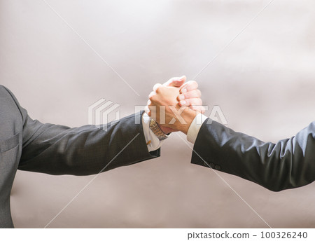 Two businessmen partner to greet each other, a firm handshake 100326240