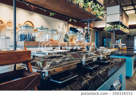 Catering equipment trays setup before event. Catering equipment trays setup before event. 100326552