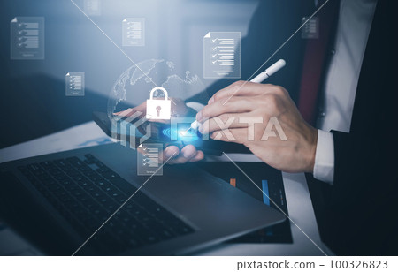 Man hold Smartphone and touch folder of document Management System, online documentation database and Security password login online concept , knowledge, Corporate business technology, 100326823