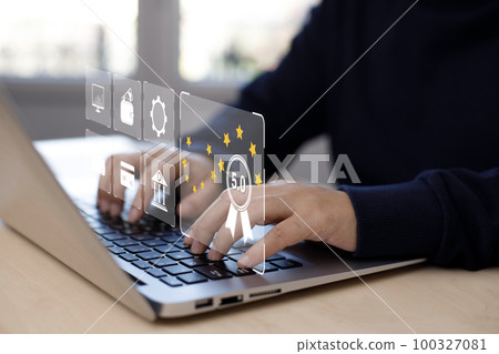 Man using laptop with Customer review satisfaction feedback survey concept, Customer review with feedback survey ,The concept of consumer reviews with review people icon with smartphone reviews. Man using laptop with Customer review satisfaction feedback survey concept, Customer review with feedback survey ,The concept of consumer reviews with review people icon with smartphone reviews. 100327081