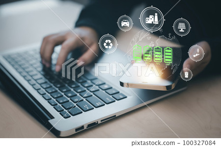 Businessman using laptops and touch recycle symbol with virtual modern reduce CO2 emission concept with icons, global warming emissions carbon footprint climate change to limit global warming, energy 100327084