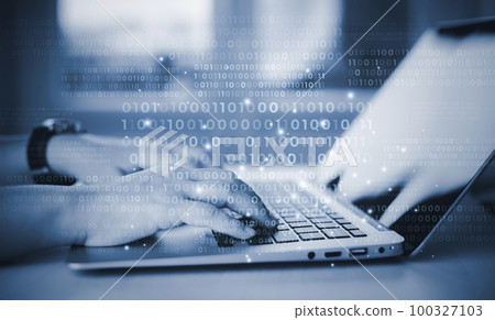Businessman hand touch with Code html and programming on screen laptop,Programmer development Computer code,web design  coding technology in software, digital software technology development, IoT 100327103