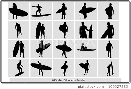 silhouettes of surfers,Black surfers with surfboards vector silhouettes set, 100327283