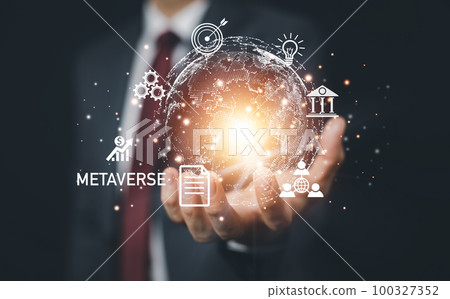 New metaverse with icon business concept,Business hand holding a virtual globe with financial icons future technology, business goals, online communication,graph Screen Icon of a media screen,big data 100327352