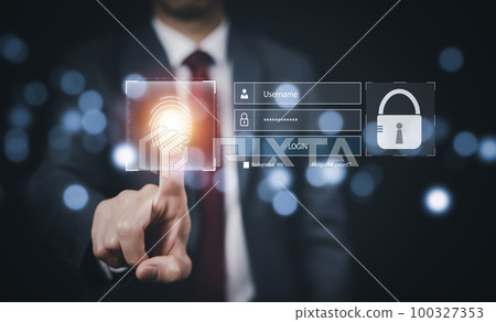 Cyber security password login online concept Hands typing and entering username and password of social media, log in with smartphone to an online bank account, data protection from hacker 100327353