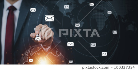 Businessman holding pen touch virtual world with concept sending the e-mail from the laptop computer, Email and SMS marketing concept. Scheme of direct sales in business. List of clients for mailing. 100327354