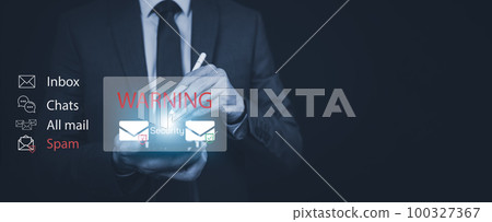 Email concept with laptop spam and virus computer monitor internet security concept, Businessman touch bin mail with a laptop. Spam, junk and e-marketing on screen, Spam Email Pop-up Warning. 100327367