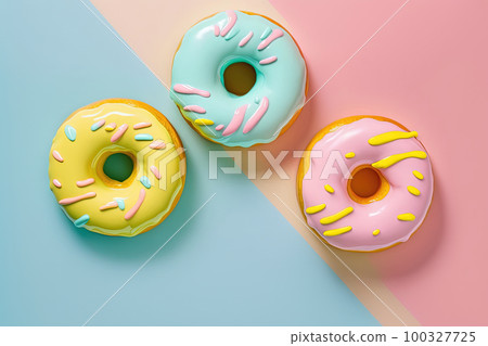 Donuts on bright colorful background. Top view, flatlay Donuts on bright colorful background. Top view, flatlay 100327725