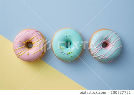 Donuts on bright colorful background. Top view, flatlay 100327731