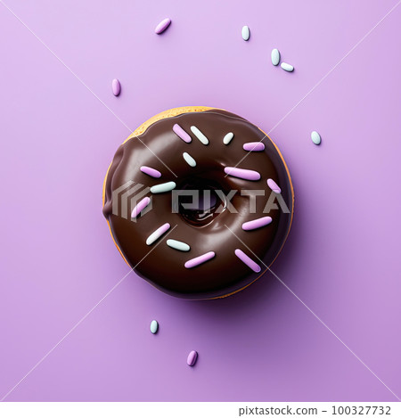 Chocolate donut on bright colorful background. Top view, flatlay 100327732