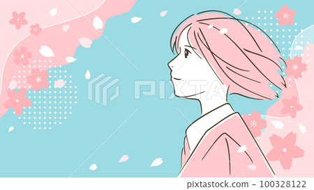 Celebration admission, graduation ceremony with dancing cherry blossoms, vector illustration material of high school girls looking at cherry blossoms 100328122
