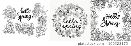 Spring flowers  and leaves in black and white sketch style. 100328173