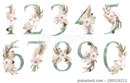 Watercolor green numbers with antlers, dried leaves and tropical flowers bouquet, Boho illustration 100328213