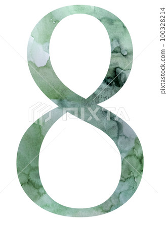 Watercolor teal green number 8 isolated illustration, summer design element 100328214
