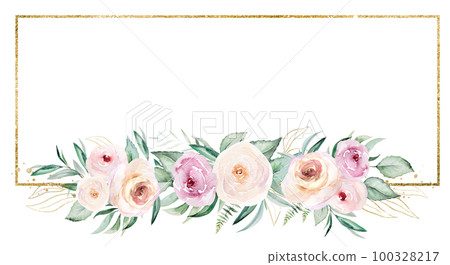 Horizontal Frame with pink watercolor flowers and light green leaves, wedding illustration 100328217