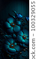 a close up of a bunch of blue flowers, dark flower pattern wallpaper, blue rose petals, flowing teal 100329055