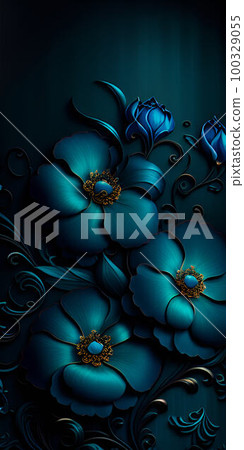 a close up of a bunch of blue flowers, dark flower pattern wallpaper, blue rose petals, flowing teal 100329055