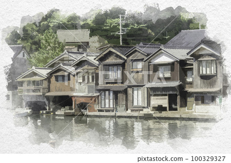 位於京都府與謝郡伊根町伊根的水彩風格伊根船屋 100329327