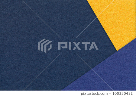 Texture of craft navy blue color paper background with denim and yellow border. Vintage abstract cardboard. 100330451