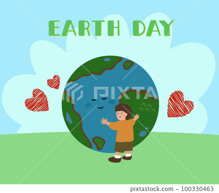 地球和孩子的插圖（帶有地球日標誌） 100330463