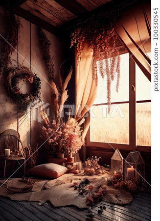 Home interior with beautiful ethnic boho decoration 100330545