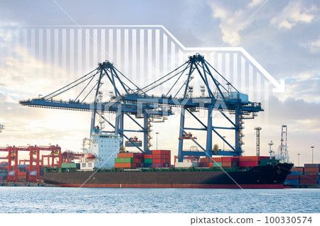 Cargo ship, cargo container and crane at port. Concept of decrease, business. 100330574