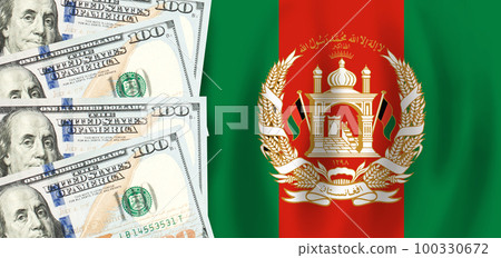 Dollars on flag of Afganistan, Afgan finance, subsidies, social support, GDP concept 100330672