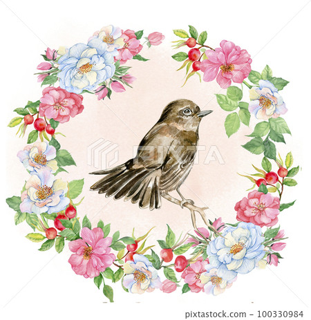 Watercolor hand drawn bird with flower frame. Sparrow on white background. Illustartion on a white isolated background. Perfect for wedding invitation, greetings card, posters, party decor. Watercolor hand drawn bird with flower frame. Sparrow on white background. Illustartion on a white isolated background. Perfect for wedding invitation, greetings card, posters, party decor. 100330984
