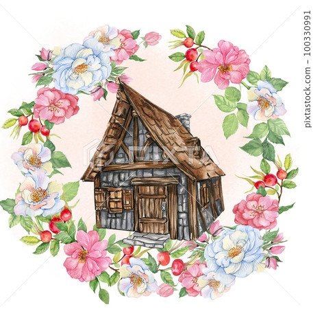 Watercolor composition of an old wooden farm house and flower frame. Hand drawn illustration with watercolour on a white background. Perfect for wedding invitation, greetings cards, baby shower party. 100330991