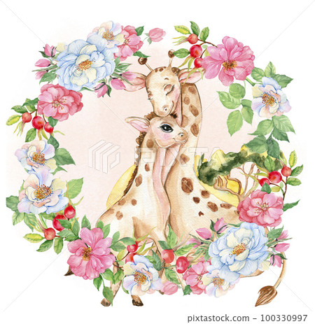 Watercolor hand drawn cute small baby animal with flower frame. Hand drawn watercolor illustration isolated on white .   Designf for baby shower party, birthday, cake, holiday celebration design . 100330997